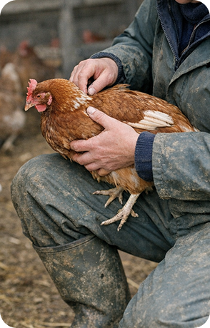 farmer holding chicken