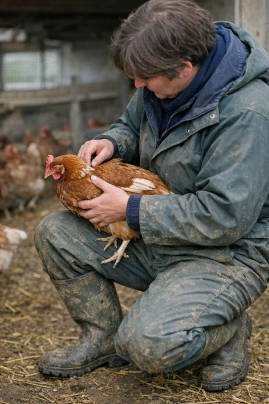 Poultry farmer crouching while holding brown hen